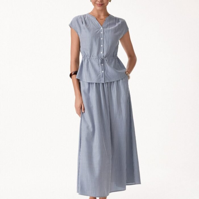 2Pcs Set Drawstring Waist Poplin Shirt & High Rise Midi Skirt with Pockets