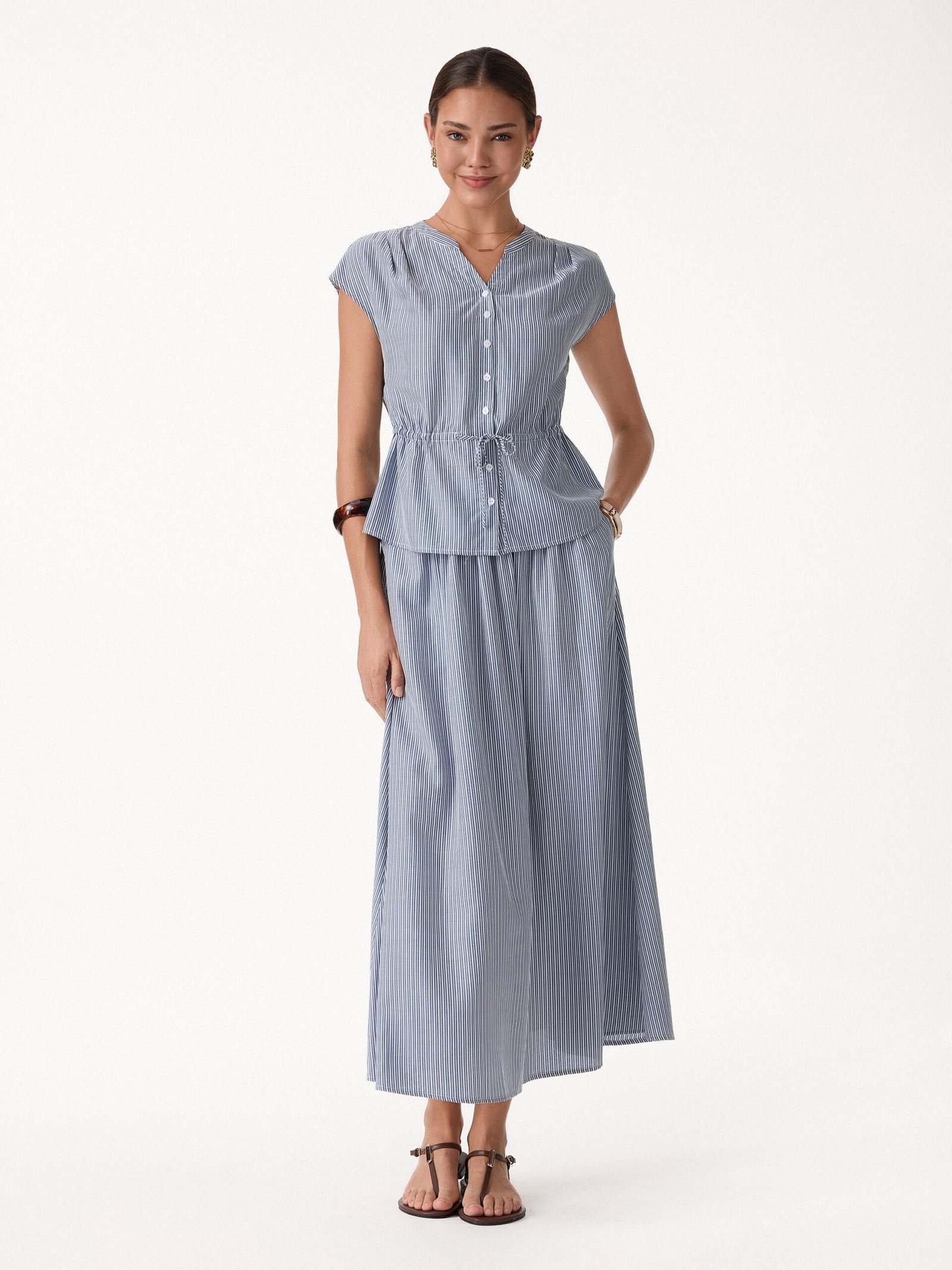 2Pcs Set Drawstring Waist Poplin Shirt & High Rise Midi Skirt with Pockets