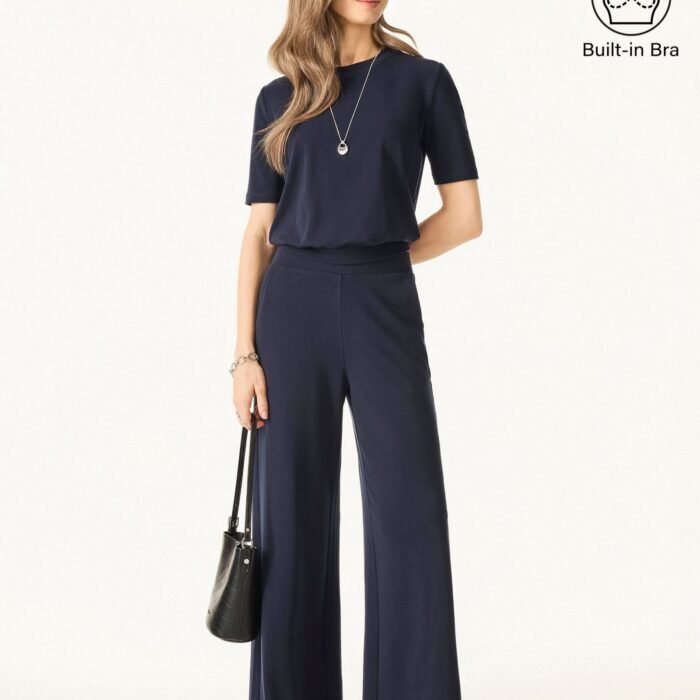 2-teiliges Set: Petite, mittelhohe Hose mit weitem Bein und Rundhalsausschnitt-BH
