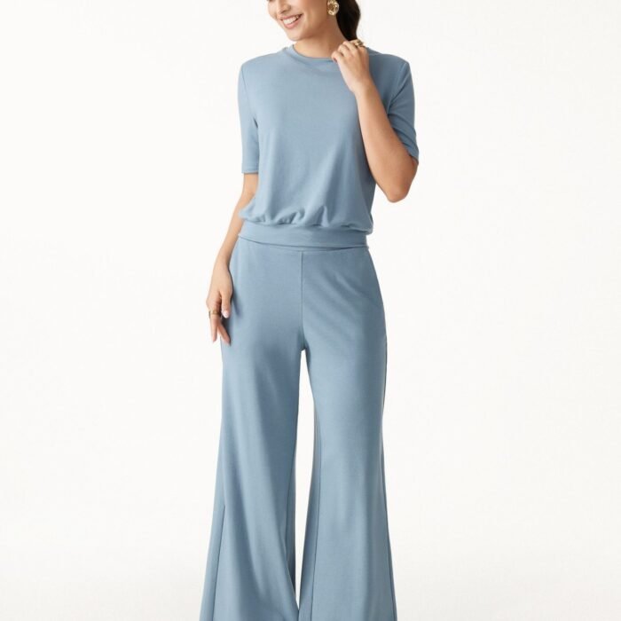 2-teiliges Set: Normale, mittelhohe Hose mit weitem Bein und Rundhalsausschnitt-BH