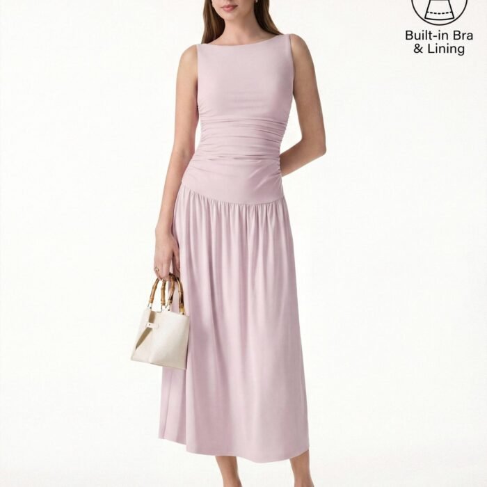 Kühlendes, gerafftes Midi-BH-Kleid mit U-Boot-Ausschnitt