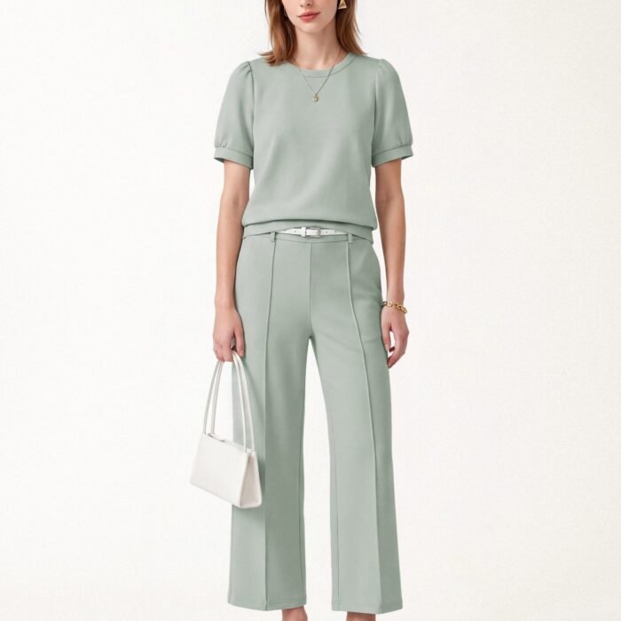 2-teiliges Set: Kurzarm-Top mit Rundhalsausschnitt und Puffärmeln & verkürzte Hose mit geradem Bein und Taschen
