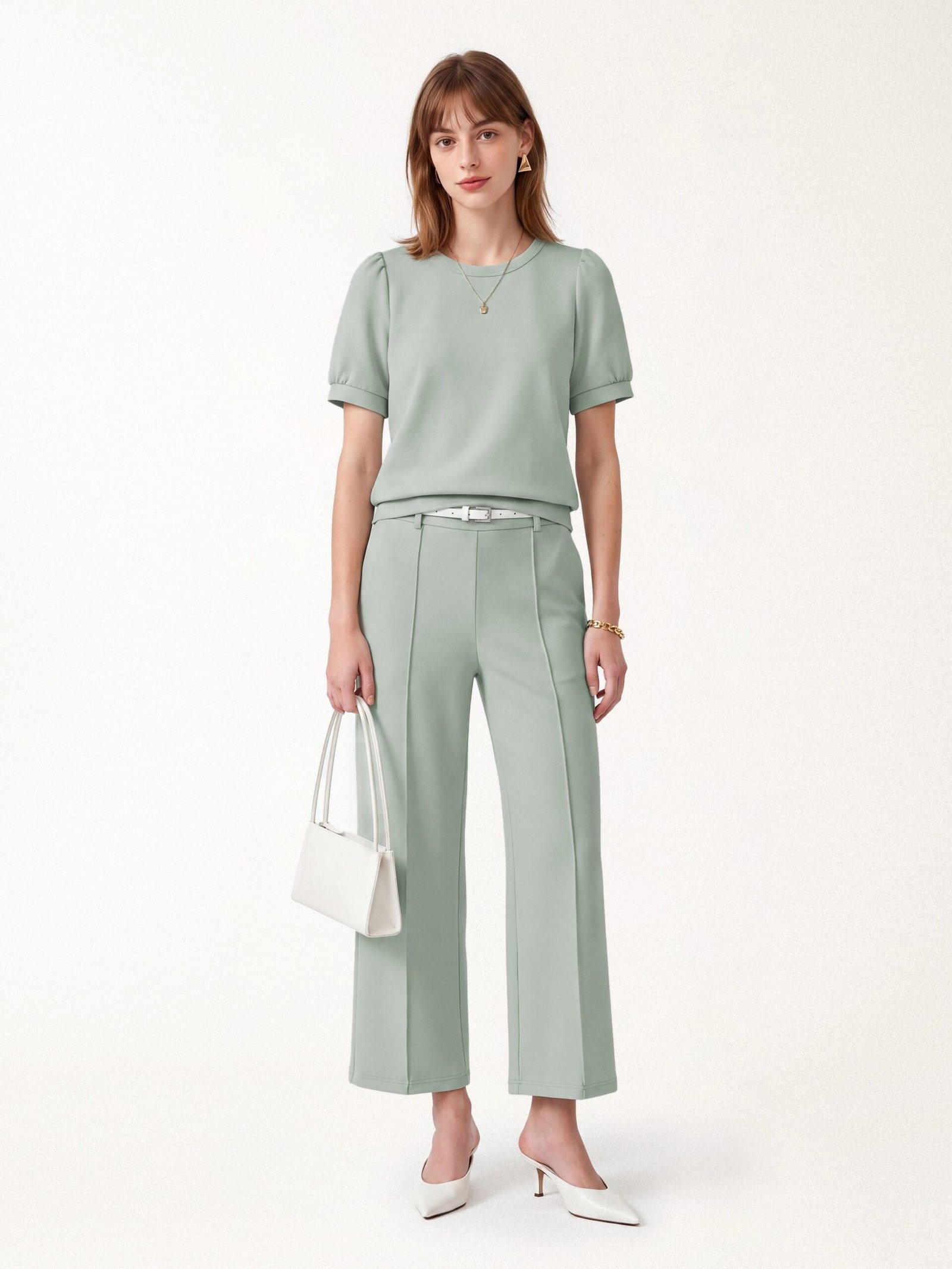2-teiliges Set: Kurzarm-Top mit Rundhalsausschnitt und Puffärmeln & verkürzte Hose mit geradem Bein und Taschen